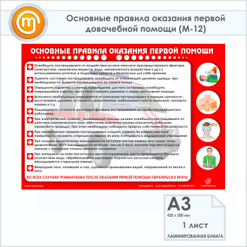 Плакат «Основные правила оказания первой доврачебной помощи» (М-12, ламинированная бумага, А3, 1 лист)